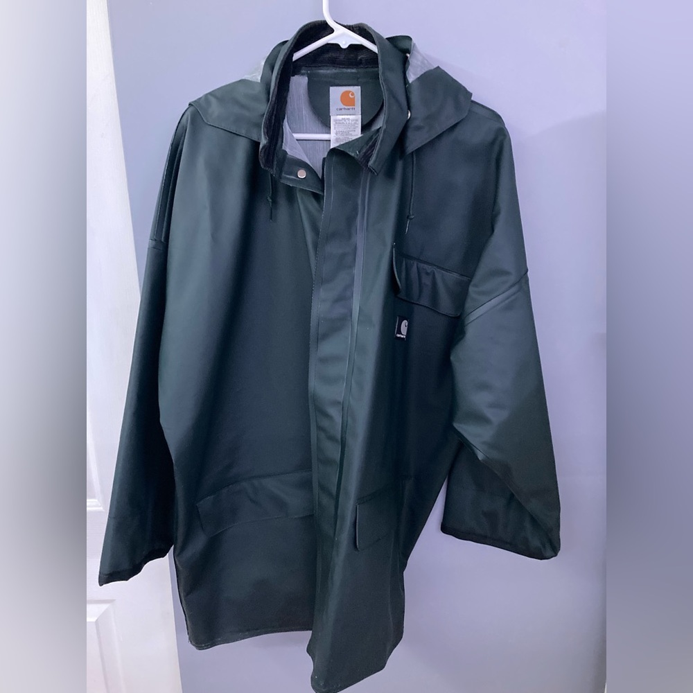 Carhartt Mens Large Surrey Rain Coat Jacket Dark Olive Green w/Hood (Waterproof)